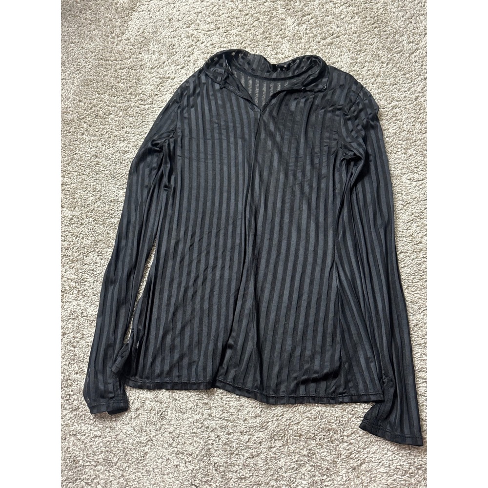 Project Runway Black Sheer Mesh Striped Mock Neck Long Sleeve Top Medium